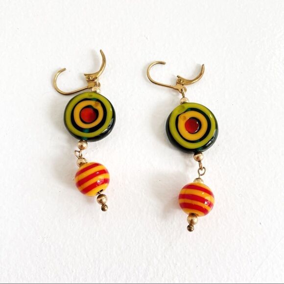 Handmade Art Glass Bead Multicolored 14k Gold Necklace and Earrings Matching Set - Picture 6 of 11